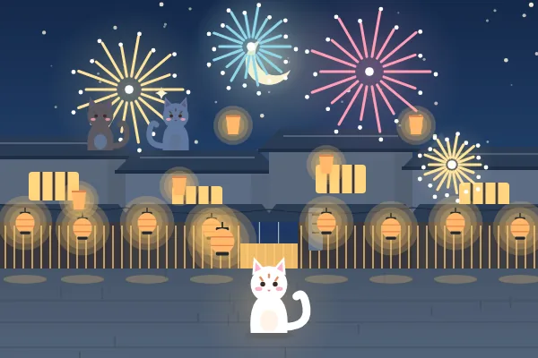 Lantern Lane at night: fireworks over glowing lanterns and a white cat on the street.