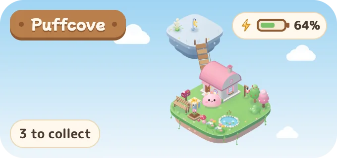 The island widget: Puffcove, with a sakura cloudbun by its cottage and 3 to collect.